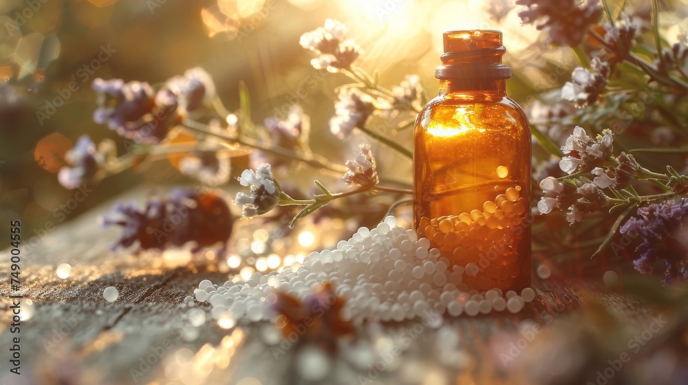 Bottles with homeopathic globules and herbs on natural blurred background. Alternative medicine practices concept. Healthy life. Generative ai Bottles with homeopathic globules and herbs on natural blurred background. Alternative medicine practices concept. Healthy life. Generative ai