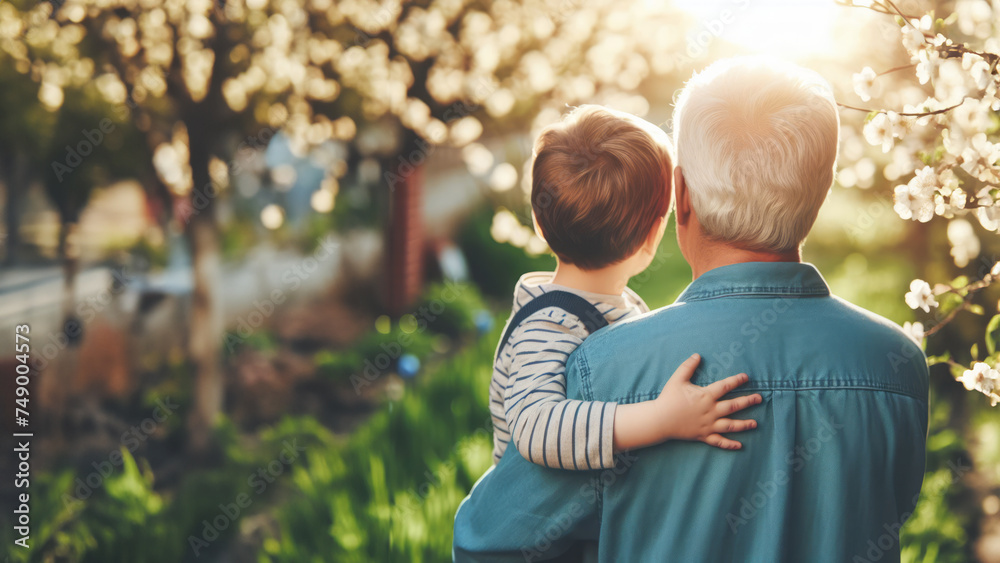 The warmth of a shared glance between a grandparent and child contrasts with the fresh spring blossoms, symbolizing the renewal of life and the continuity of family ties - obrazy, fototapety, plakaty 