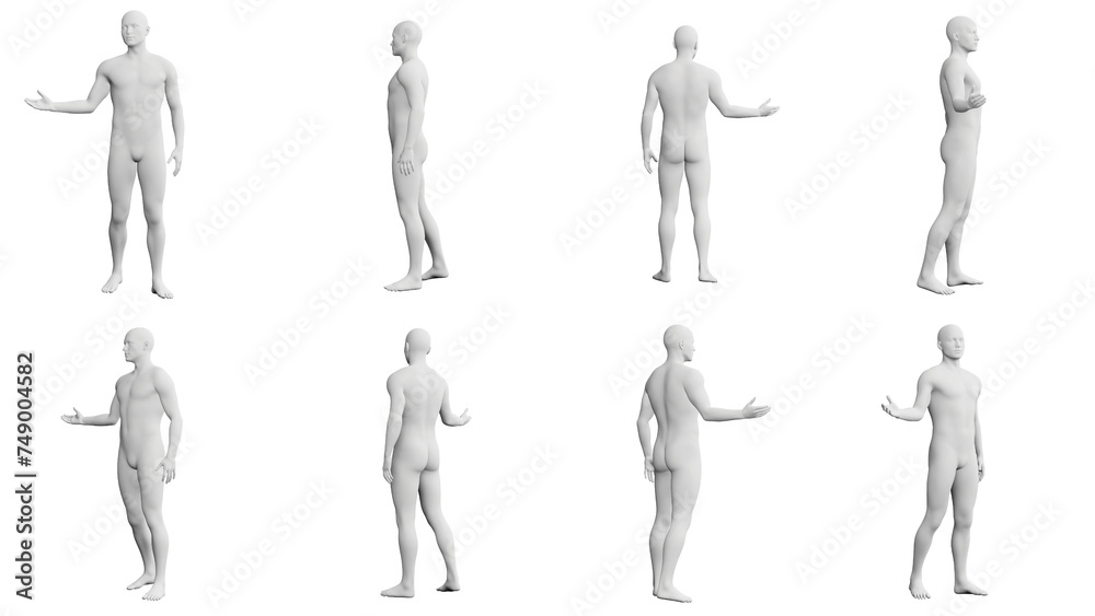 Athletic Young Man Standing and Gesturing, multiple views (side, front, back), 360 degrees rotation. Athletic Young Man Standing and Gesturing, multiple views (side, front, back), 360 degrees rotation.