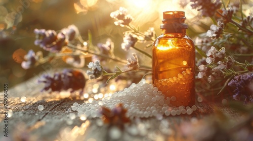 Bottles with homeopathic globules and herbs on natural blurred background. Alternative medicine practices concept. Healthy life. Generative ai