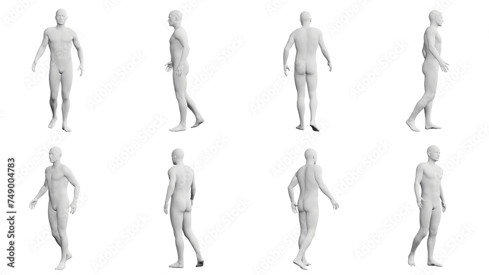Athletic Young Man Walking, multiple views (side, front, back), 360 degrees rotation. Athletic Young Man Walking, multiple views (side, front, back), 360 degrees rotation.