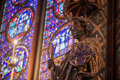 Paris, France - Dec. 27 2022: The stunning stained glass window and the beautiful ceiling in Saint-Chapelle in Paris