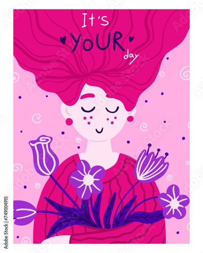March 8. International Women's Day. Greeting card or postcard templates with hand drawn flower bouquet, floral wreath
