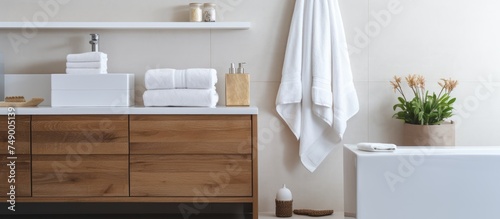 A modern bathroom with a wooden cabinet, clean white towels, and a robe neatly displayed near a white wall. The towels add a soft touch to the sleek design of the room.