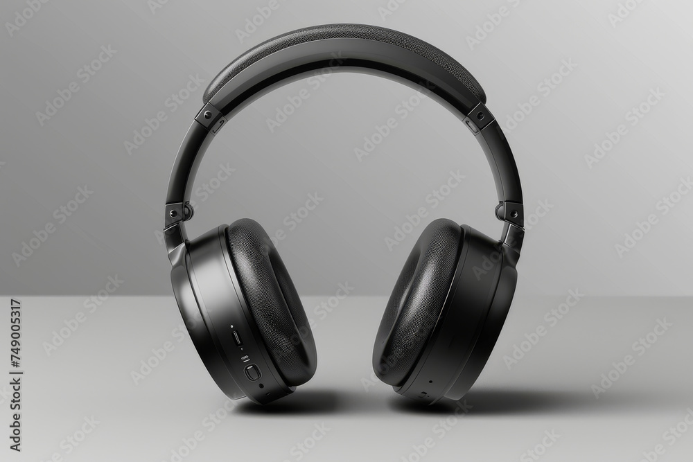 This image showcases sleek, black, over-ear headphones with a minimalist design, positioned against a grey gradient background, exemplifying modern audio technology and high-quality sound.