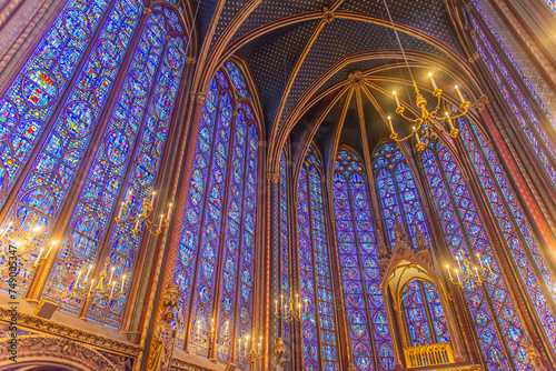 Paris, France - Dec. 27 2022: The stunning stained glass window and the beautiful ceiling in Saint-Chapelle in Paris