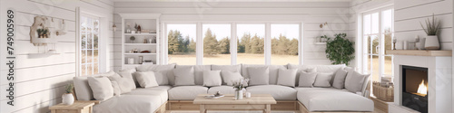 Bright airy living room interior with white walls and large windows looking out onto a rural landscape. © camelia