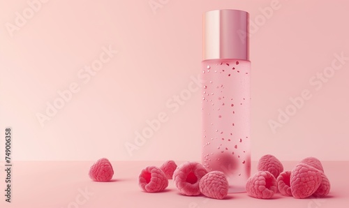 The bottle of cosmetics high. Light pink gradient colour background with raspberries. Generated by artificial intelligence.