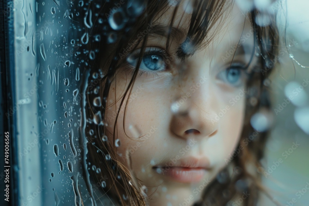 portrait of a sad girl near a window splashed with rain, loneliness, isolation portrait of a sad girl near a window splashed with rain, loneliness, isolation