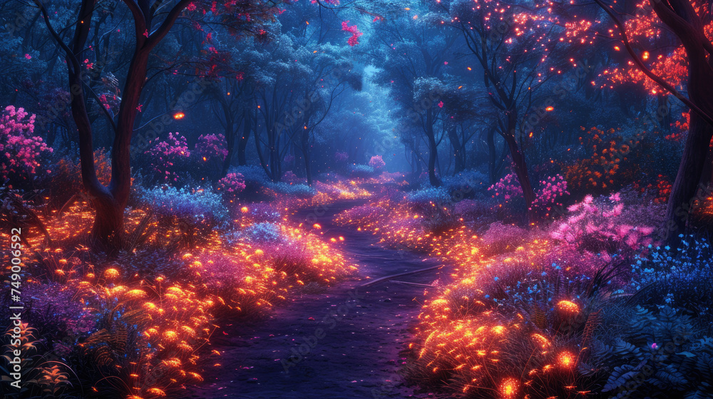 Fairy tale forest with luminous flowers, path in dark magical woods, glowing neon plants and lights. Concept of fantasy world, nature, space, wonderland, mystery Fairy tale forest with luminous flowers, path in dark magical woods, glowing neon plants and lights. Concept of fantasy world, nature, space, wonderland, mystery