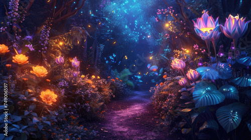 Fantasy forest with beautiful luminous flowers, path in dark magical woods at night, glowing neon plants and lights in wonderland. Concept of fairy tale world, nature, space,