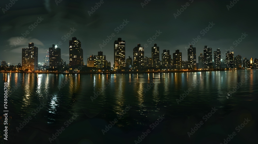 Panoramic Cityscape Reflections on Water at Night - Generative AI
