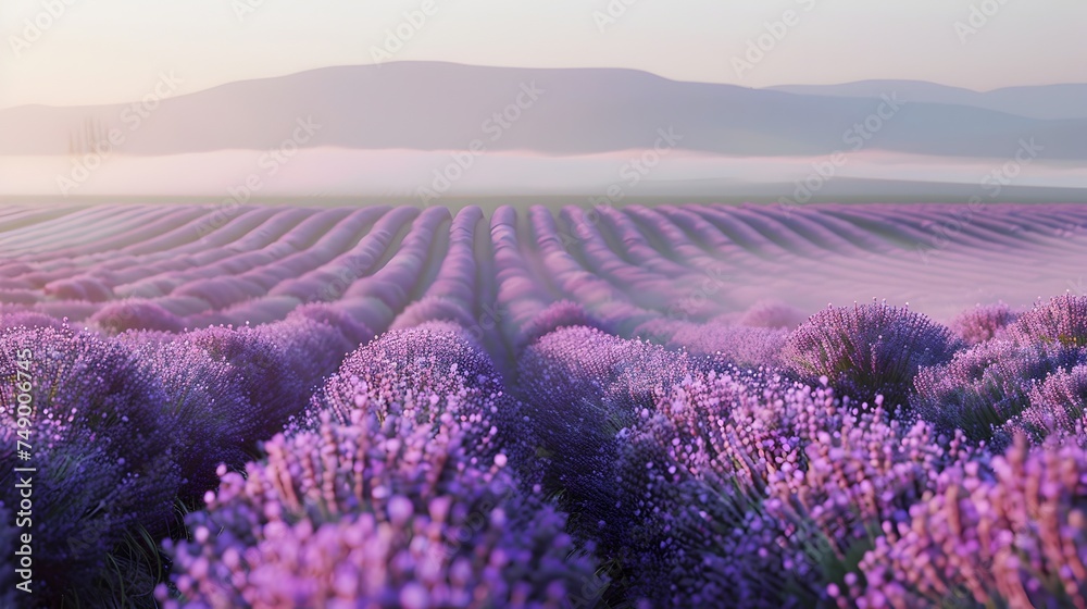 Purple Lavender Field at Dawn with Misty Hills - Generative AI