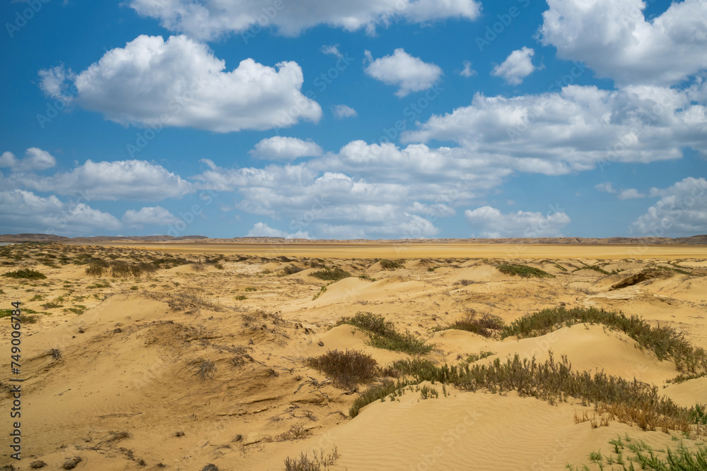 Beautiful desert landscape with blue sky at Cabo de Vela. La Guajira, Colombia.