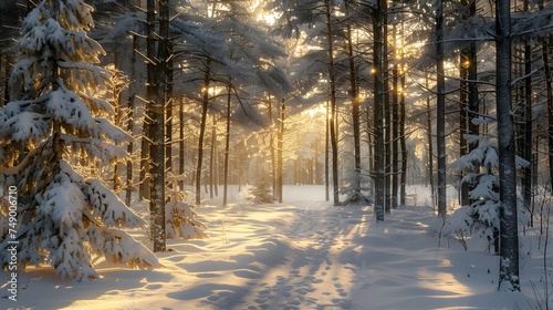 Winter Forest Path Illuminated by Soft Morning Light - Generative AI © Andrew Hudson