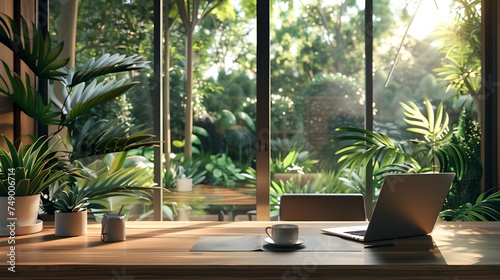 Modern Home Office with a View of Lush Garden - Generative AI