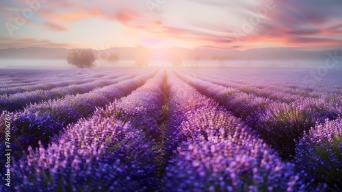Dazzling Sunset Gleaming Over Vibrant Lavender Fields - Generative AI