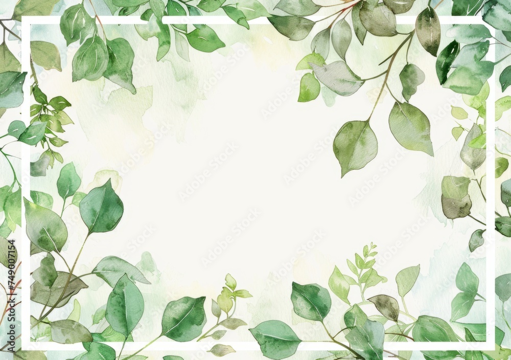 a white frame with green leaves and branches in the style of delicate watercolor Generative AI a white frame with green leaves and branches in the style of delicate watercolor Generative AI