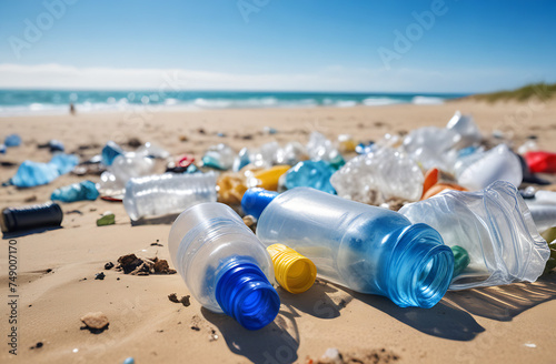 plastic garbage lies on the sandy beach, pollution of ecology, environment and oceans, global warming and climate change