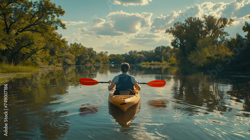 A man is actively paddling a kayak down a flowing river under a clear sky