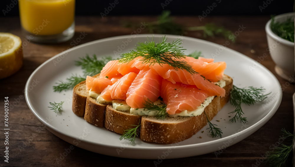 Bread with fresh sliced delicious salmon on a plate gourmet Bread with fresh sliced delicious salmon on a plate gourmet