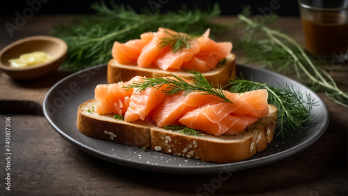 Bread organic fresh sliced delicious salmon on a plate