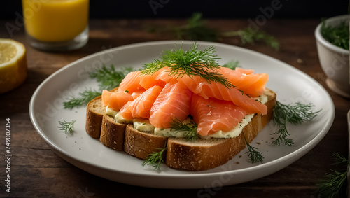 Bread with fresh sliced delicious salmon on a plate gourmet