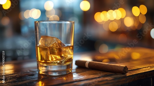 Glass of whiskey with ice cubes and cuban cigar on a wooden table