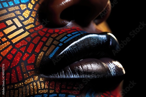close view of woman's lips with decorative art makeup on her face