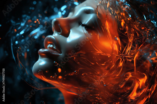 A girl's face surrounded by abstract shapes or splashes of red and blue colors on dark background