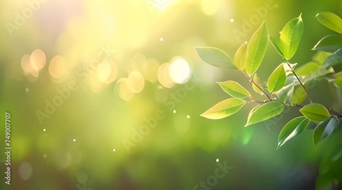 Nature of Plants on Beautiful greenery bokeh, sun rays background and copy space for text photo
