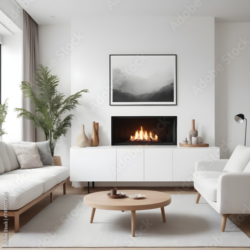 A wooden cabinet, an art poster, and two white sofas are situated next to a fireplace on a white wall. Modern living room interior design in a minimalist Scandinavian style.