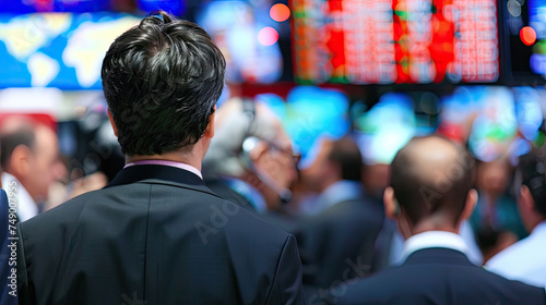 Mature man in a suit observes dynamic financial data on electronic displays at a bustling stock exchange