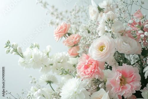 an arrangement of various bouquets in white and pink © sakina