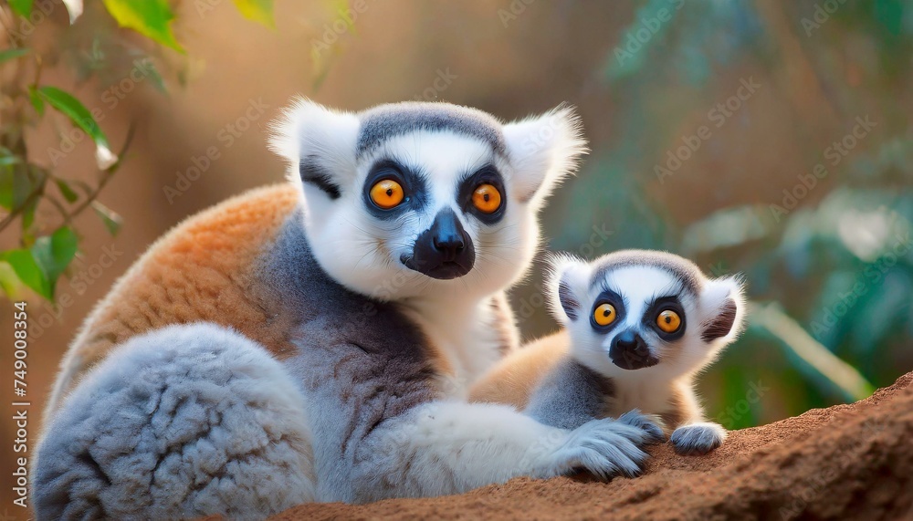 Obraz premium Lemur mom and her adorable baby