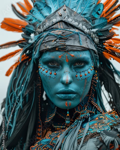 Experience unbearable creativity in fashion: Vantablack meets vivid turquoise and orange accents. Detailed beauty transforms into a fierce warrior.