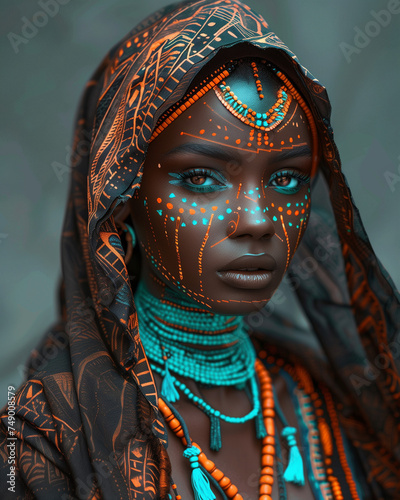 Experience unbearable creativity in fashion: Vantablack meets vivid turquoise and orange accents. Detailed beauty transforms into a fierce warrior.