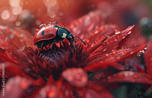 a red lady beetle is sitting on top of a red flower