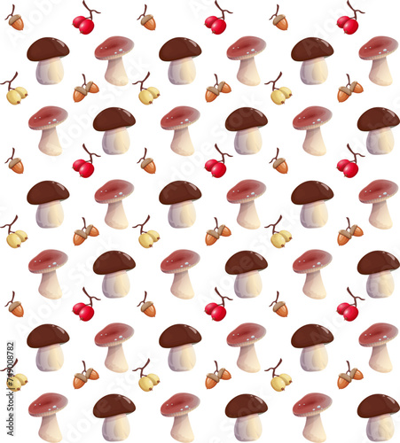 Autumn pattern. Set of mushrooms, acorns, berries. Autumn composition of berries, mushrooms, nuts. Autumn background in flat style. Vector illustration on a white background.