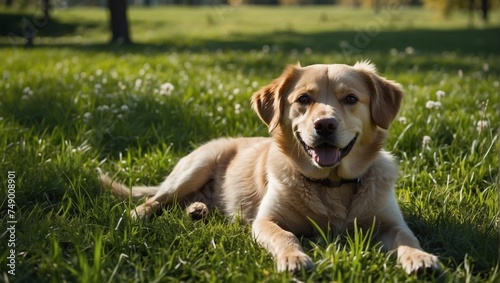 A well-groomed dog resting in a park in nature. A pet on a walk in the fresh air. A happy dog lying on the grass. Warm summer weather  rays of the sun.