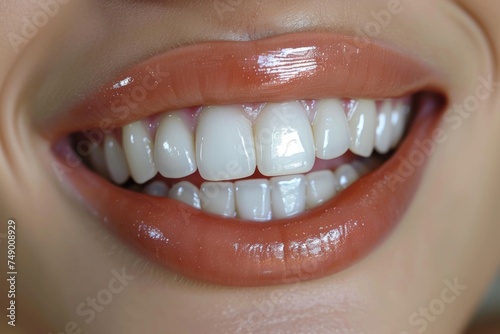 Dental Aesthetics: Woman's radiant smile emphasizes perfect white teeth, promoting dental beauty