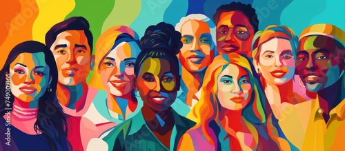 This painting depicts a diverse group of people standing together, showcasing a sense of unity and community. Various individuals of different ages, genders, and ethnicities are depicted, exuding