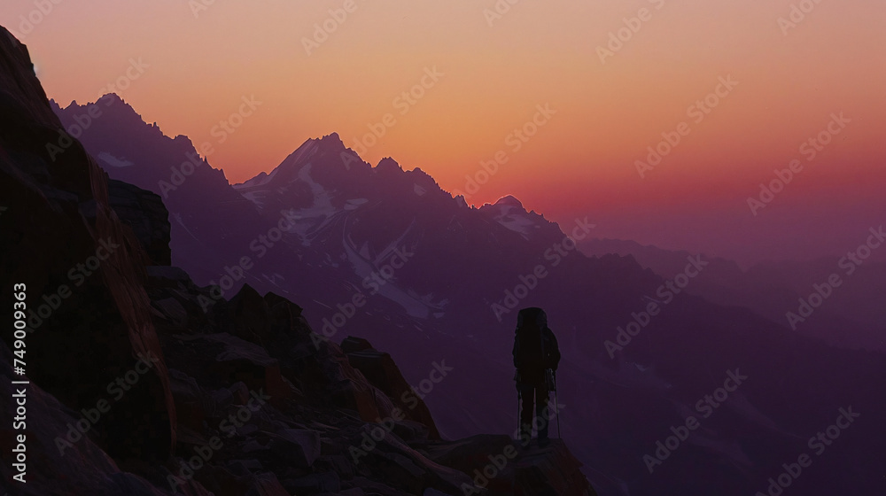 A mountain climbers silhouette against the backdrop of a vast mountain range at sunrise.