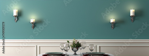 3d illustration of a teal green wall with two sconces and a table set with white flowers and silver cutlery.
