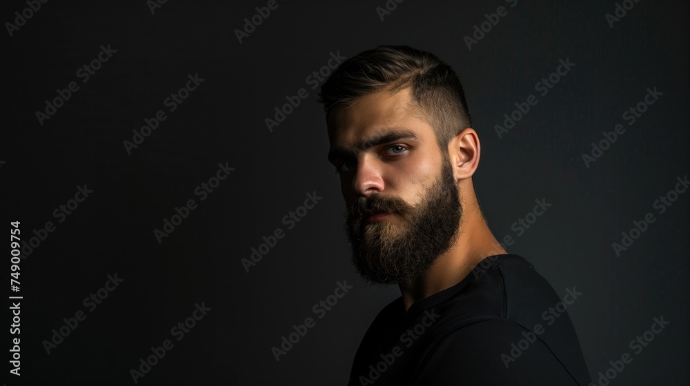 Portrait of a brutal handsome young man with a beard on a black background