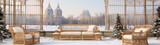 3d rendering of a conservatory with wicker furniture and a view of a snowy cityscape