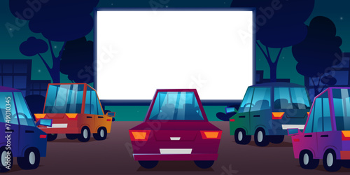Outdoor cinema, drive-in movie theater with cars on open air parking. Drive-in cinema. Vector cartoon night city with glowing white blank screen and automobiles.