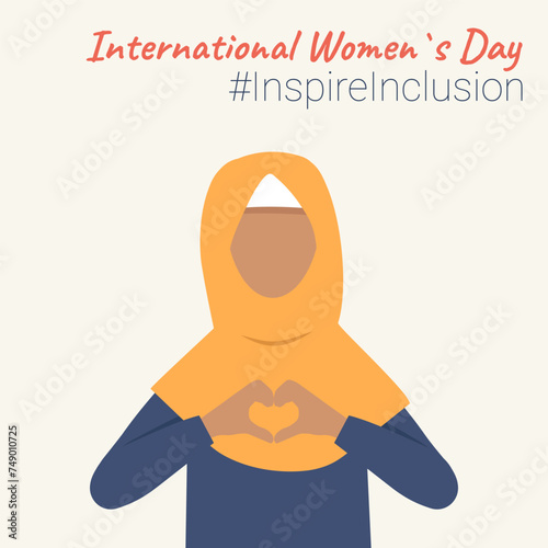 #InspireInclusion. Banner International Women's Day. Woman with heart shaped gesture. March 8. Faceless isolated vector illustration.