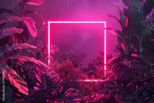 Fototapeta Naklejka Na Ścianę i Meble -  Pink neon frame background with empty space inside, among tropical jungle foliage