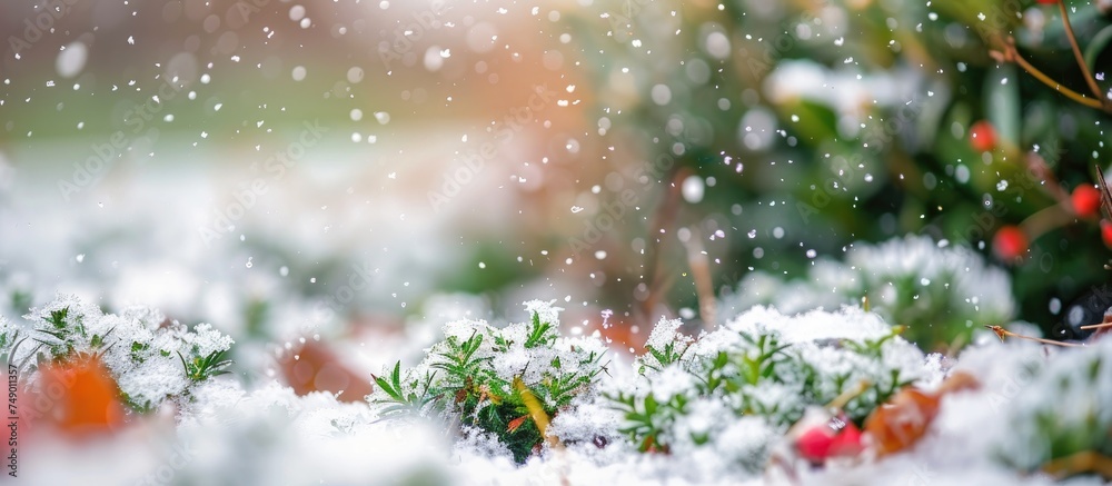A detailed view of a plant covered in a layer of snow, showcasing the delicate snowflakes resting on the leaves and branches. The white snow contrasts with the green of the plant, creating a wintery